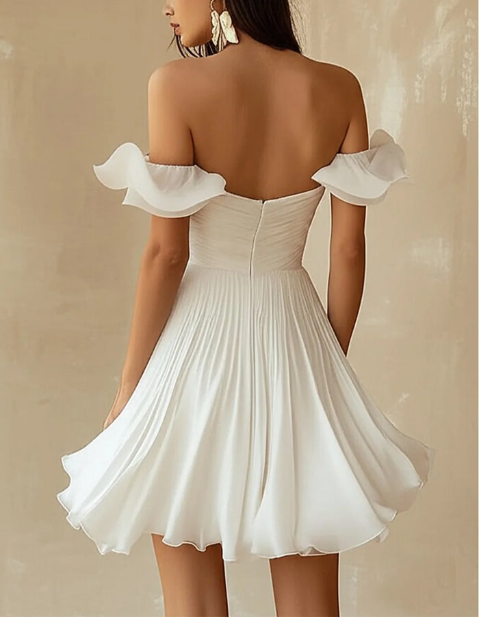 Solid Color Off Shoulder Ruffled Chiffon Mini Dress