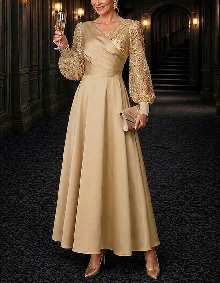 Solid Color V-Neck Sequined Puff Sleeve Satin Maxi Dress