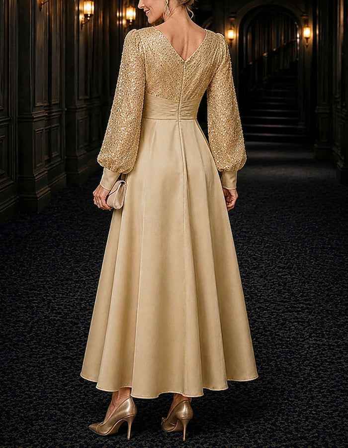 Solid Color V-Neck Sequined Puff Sleeve Satin Maxi Dress