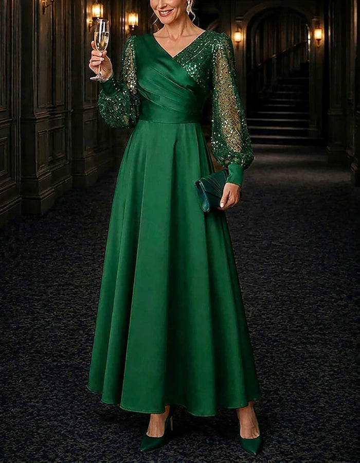 Vestido largo de satén de color liso, con escote en V, lentejuelas y mangas abullonadas