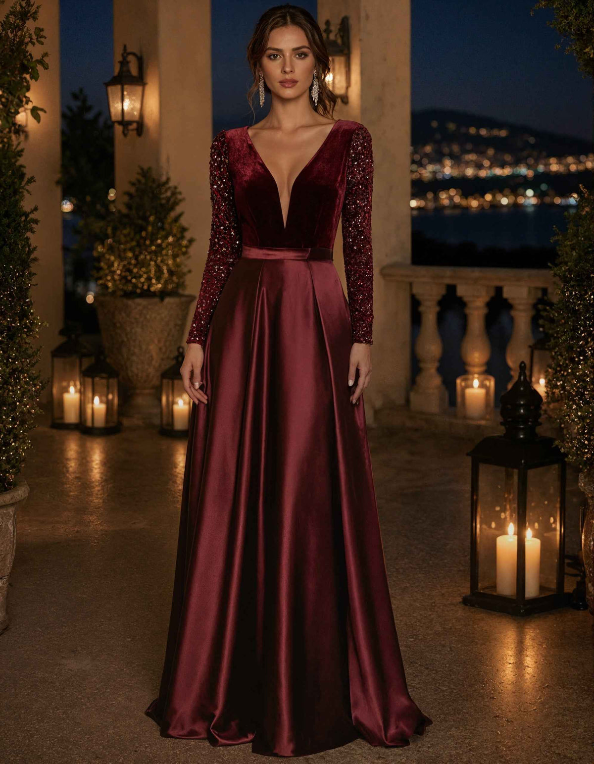 Solid Color V-Neck Sequined Long Sleeved Satin Velvet A-line Maxi Dress
