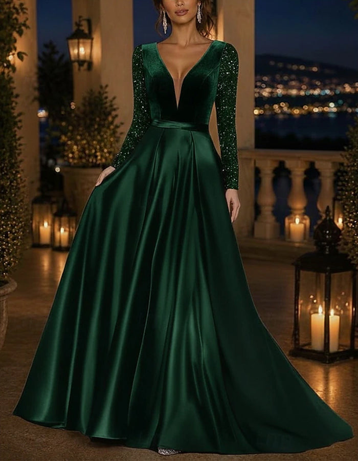 Vestido largo de satén y terciopelo de un solo color, con escote en V, lentejuelas, mangas largas y corte evasé