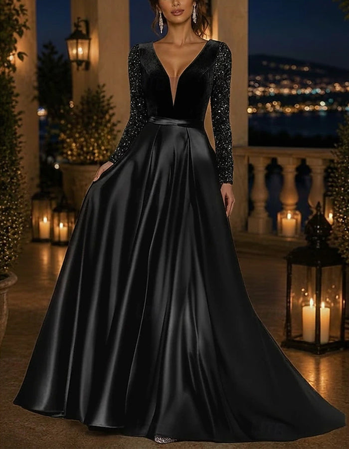Vestido maxi de veludo acetinado de cor lisa, com decote em V, lantejoulas, mangas compridas e corte em linha A