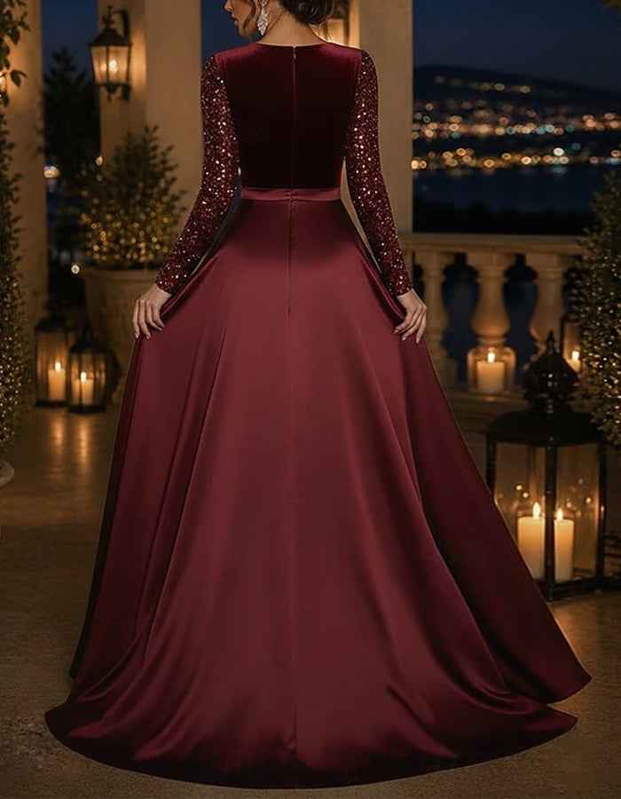 Solid Color V-Neck Sequined Long Sleeved Satin Velvet A-line Maxi Dress