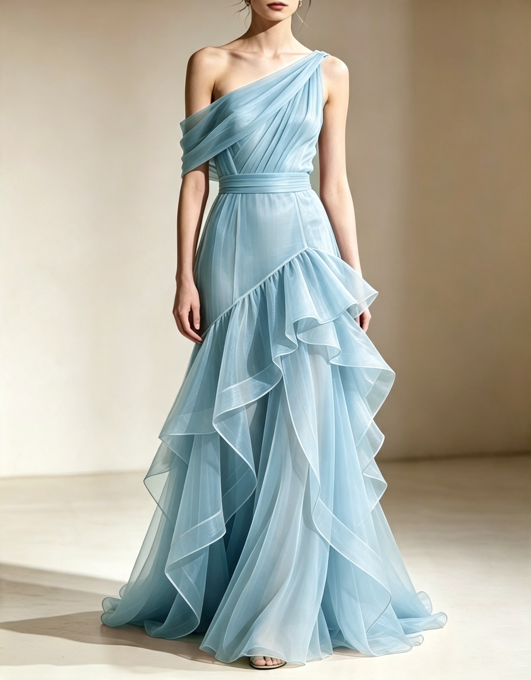 Vestido de noite maxi sereia em organza, com folhos em camadas e um ombro descoberto