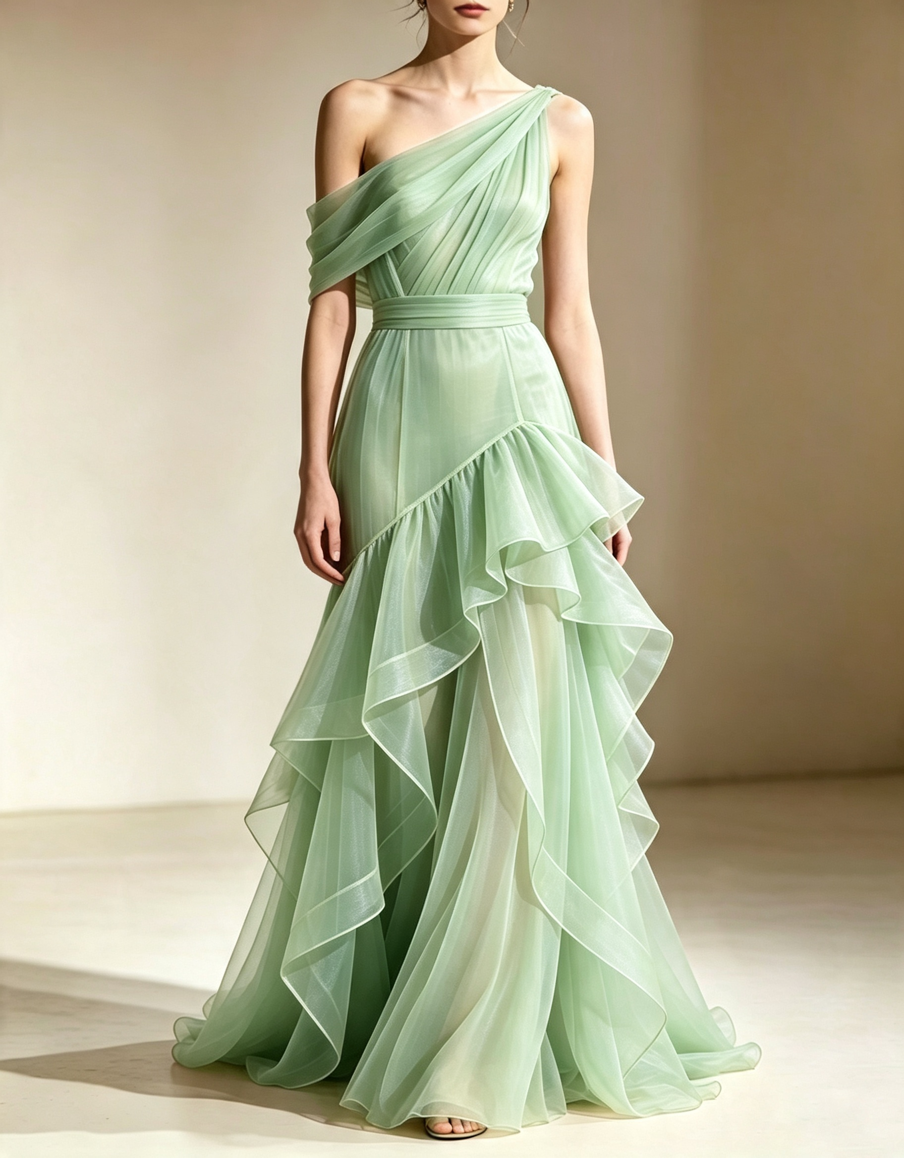 Vestido de noite maxi sereia em organza, com folhos em camadas e um ombro descoberto