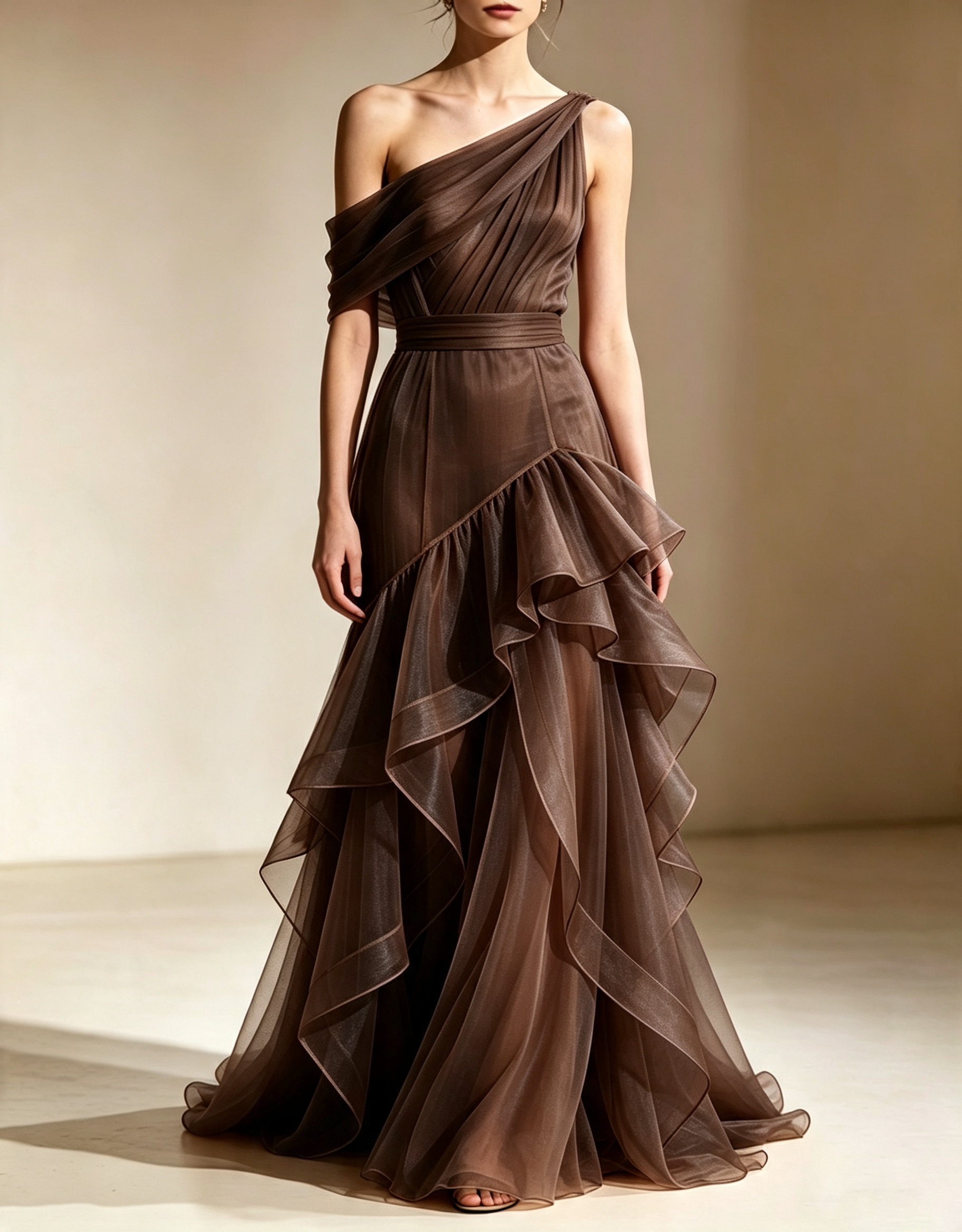 Robe de soirée longue sirène en organza à volants, à une épaule