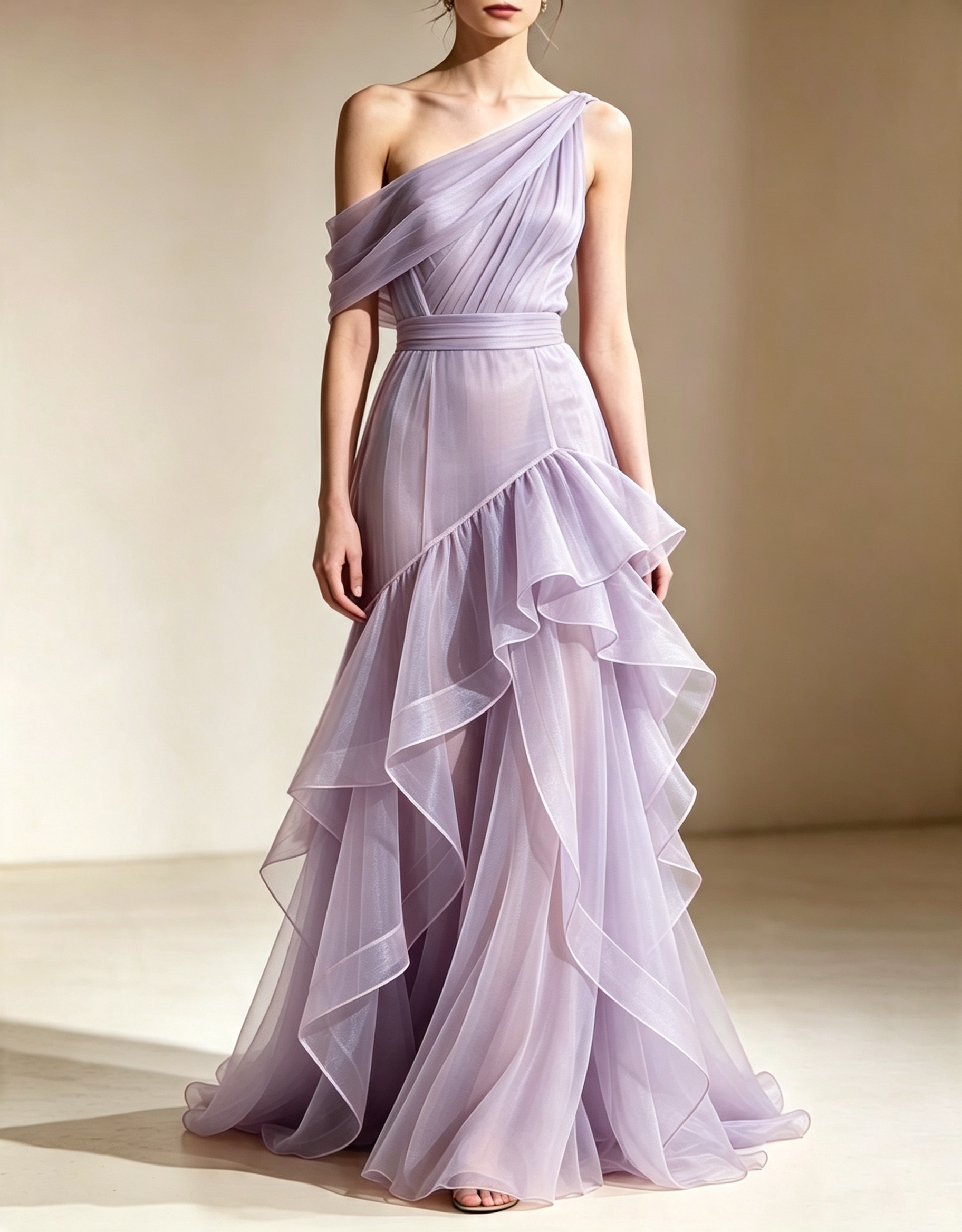 Vestido de noite maxi sereia em organza, com folhos em camadas e um ombro descoberto