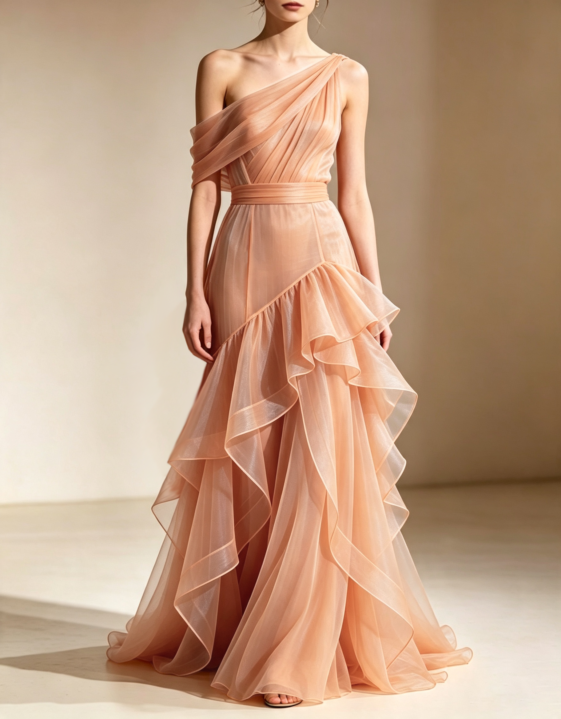 Robe de soirée longue sirène en organza à volants, à une épaule