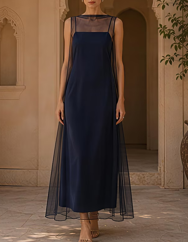 Vestido de noche largo de 2 piezas con vestido de tirantes y sobrefalda de tul