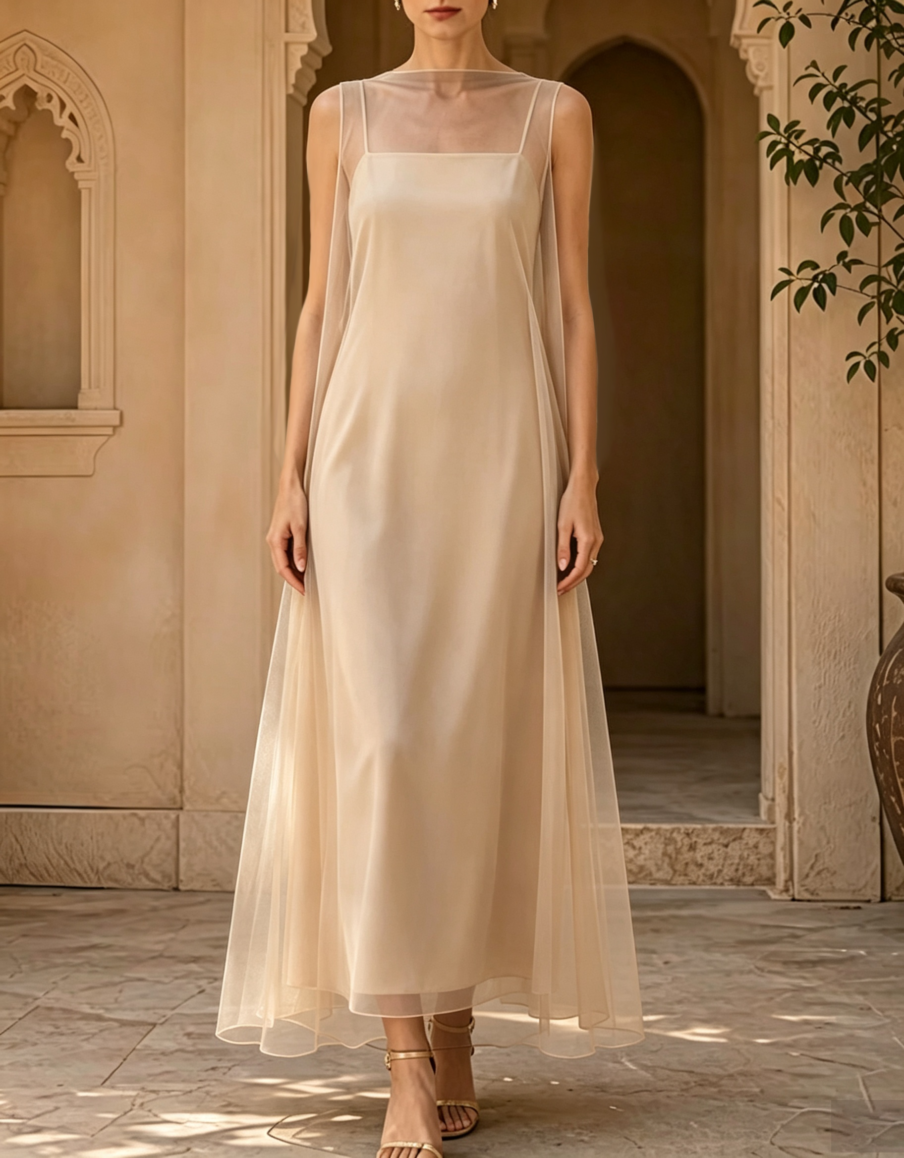 Vestido de noche largo de 2 piezas con vestido de tirantes y sobrefalda de tul