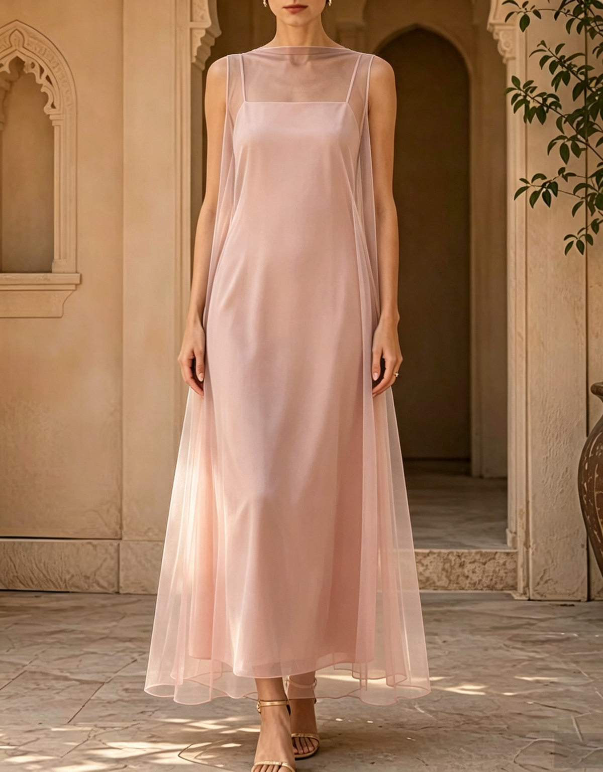 Vestido de noche largo de 2 piezas con vestido de tirantes y sobrefalda de tul