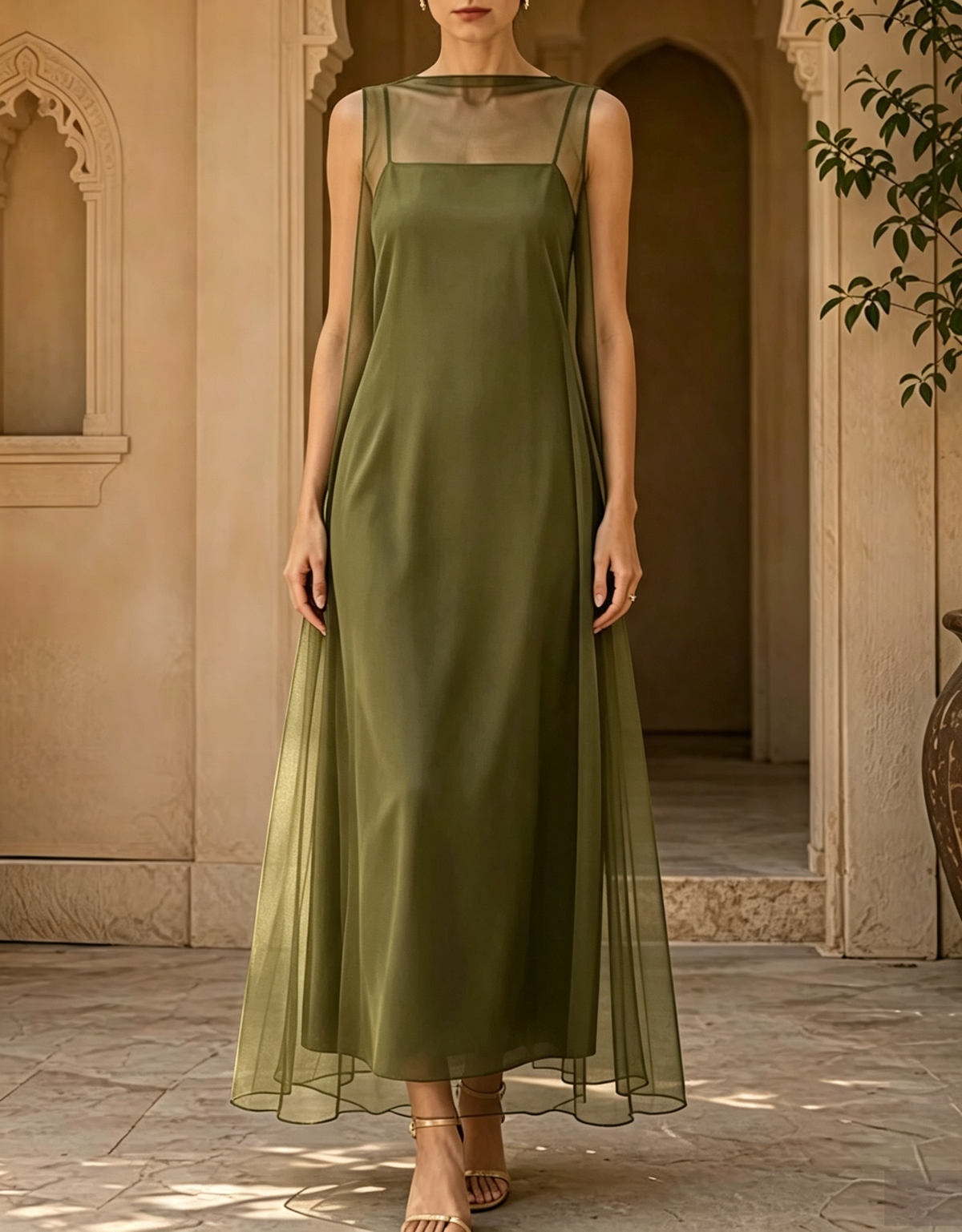 Vestido de noche largo de 2 piezas con vestido de tirantes y sobrefalda de tul
