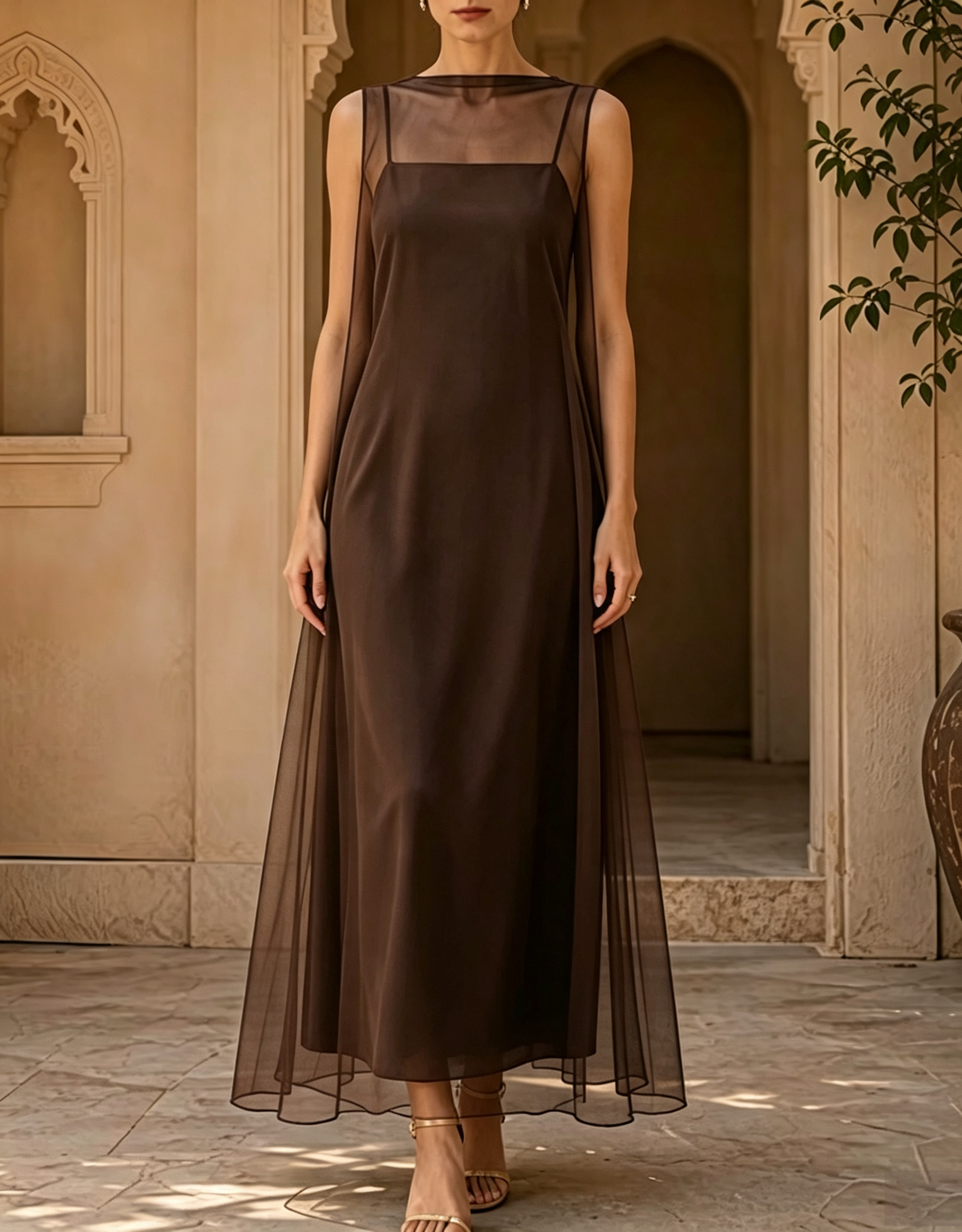 Vestido de noche largo de 2 piezas con vestido de tirantes y sobrefalda de tul