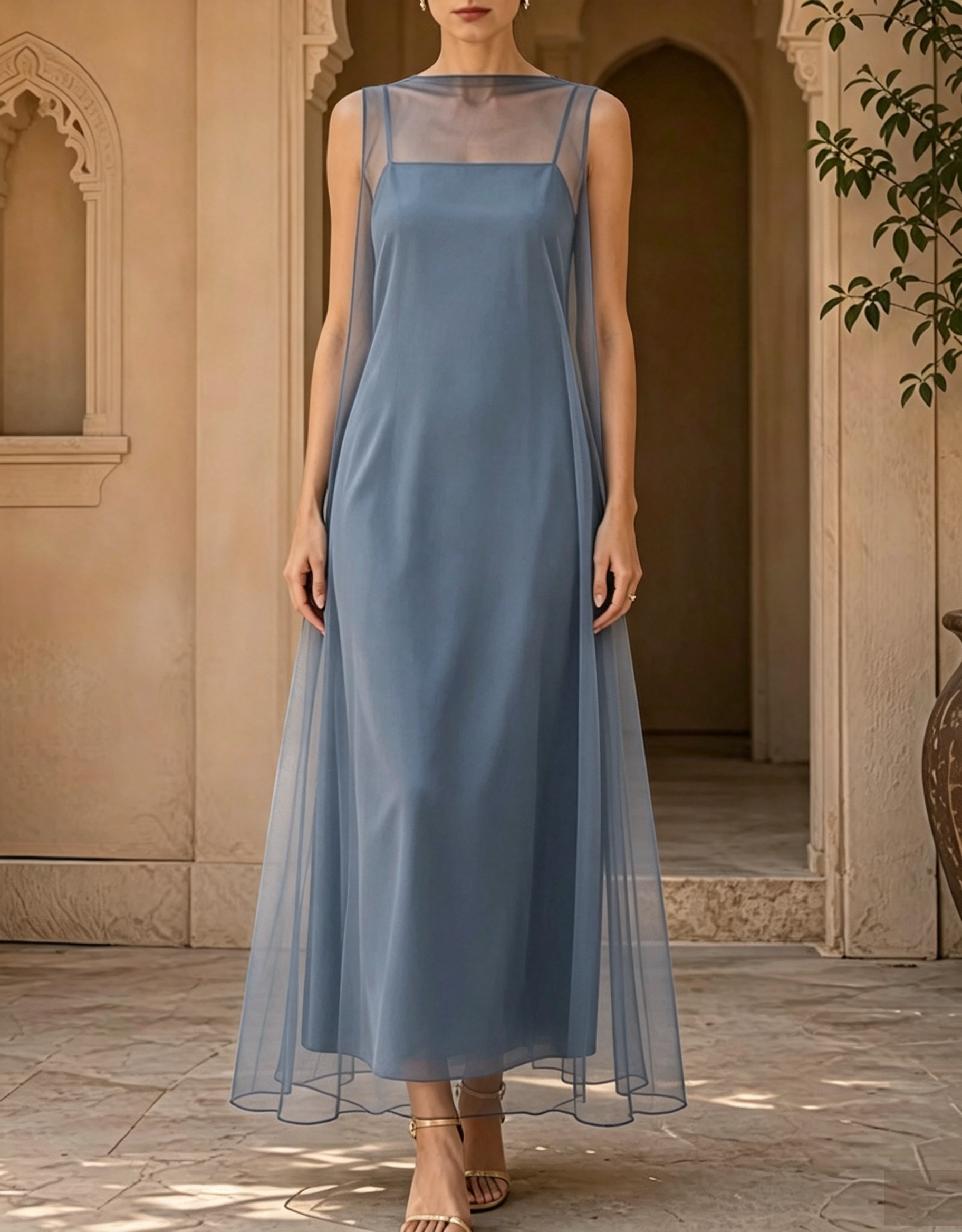 Vestido de noche largo de 2 piezas con vestido de tirantes y sobrefalda de tul
