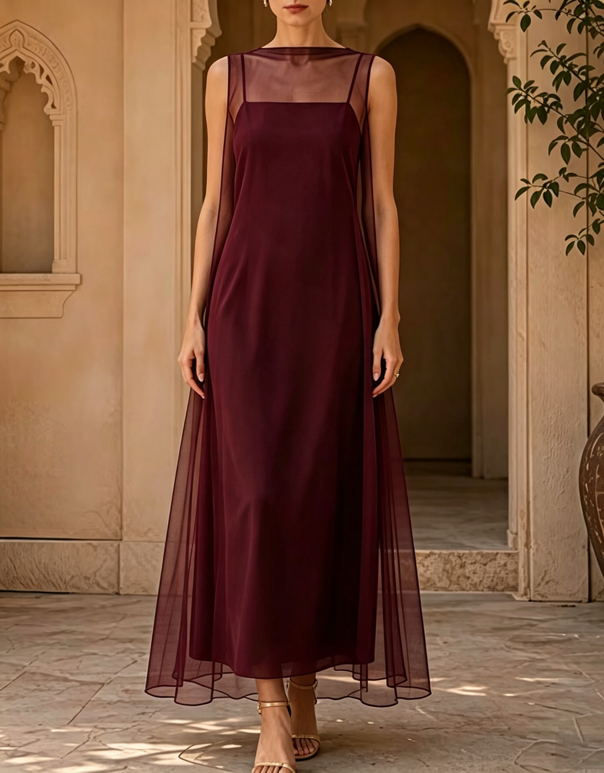 Vestido de noche largo de 2 piezas con vestido de tirantes y sobrefalda de tul