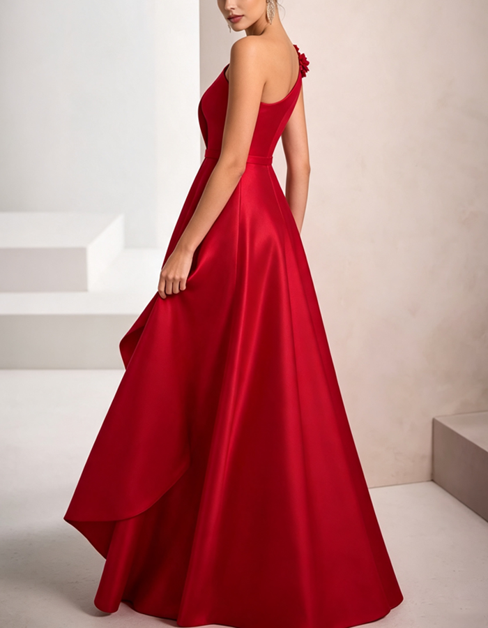 One-Shoulder Satin A-Line Evening Maxi Dress