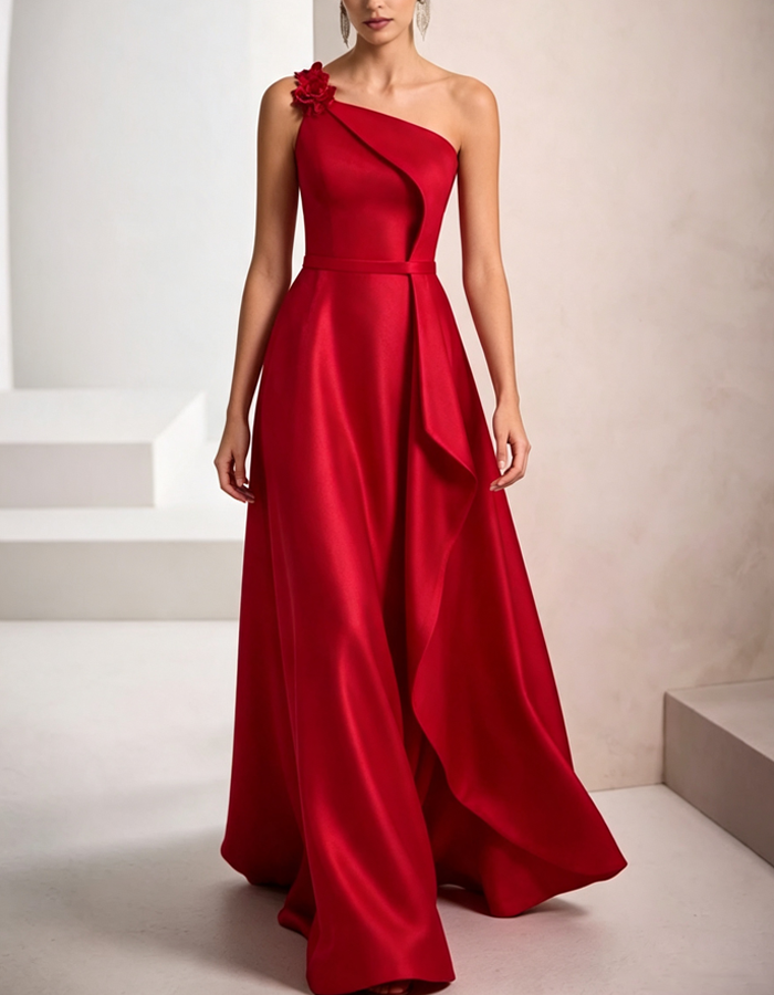 Vestido largo de noche de raso, línea A y un solo hombro