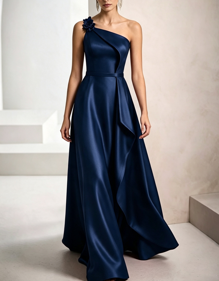 Vestido largo de noche de raso, línea A y un solo hombro