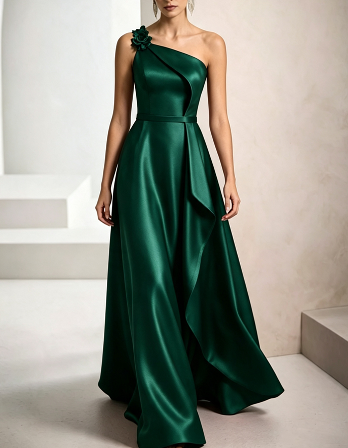 Vestido largo de noche de raso, línea A y un solo hombro