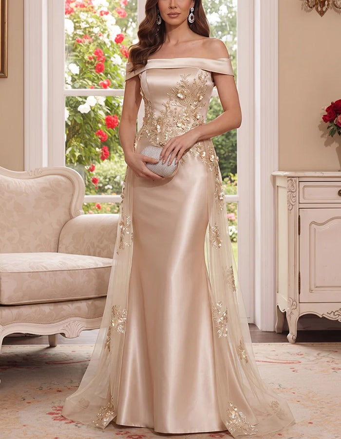 Off Shoulder Floral Satin Mermaid Maxi Dress