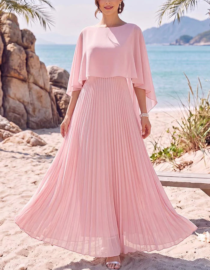 Round Neck Cape Overlay Pleated Flowy Chiffon Maxi Dress