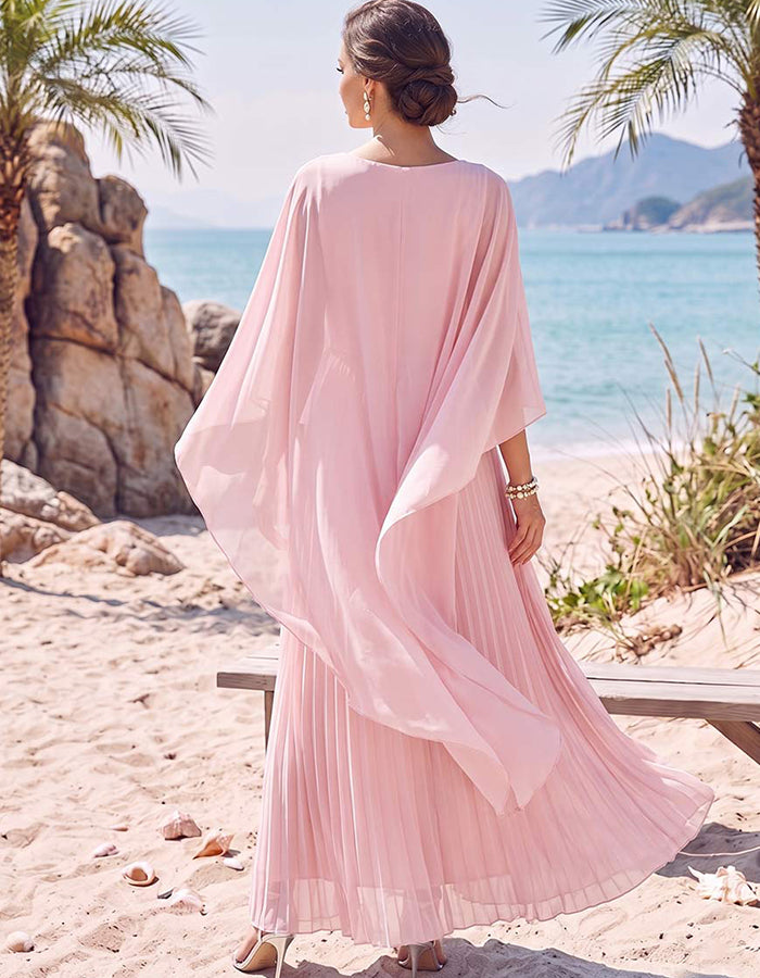 Maxijurk van soepel chiffon met ronde hals, cape-overlay en plooien