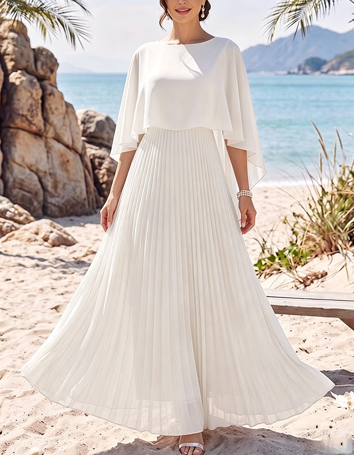 Round Neck Cape Overlay Pleated Flowy Chiffon Maxi Dress