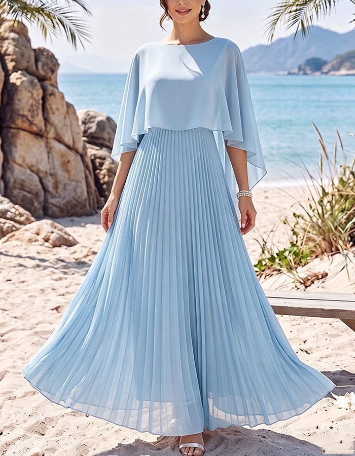 Round Neck Cape Overlay Pleated Flowy Chiffon Maxi Dress