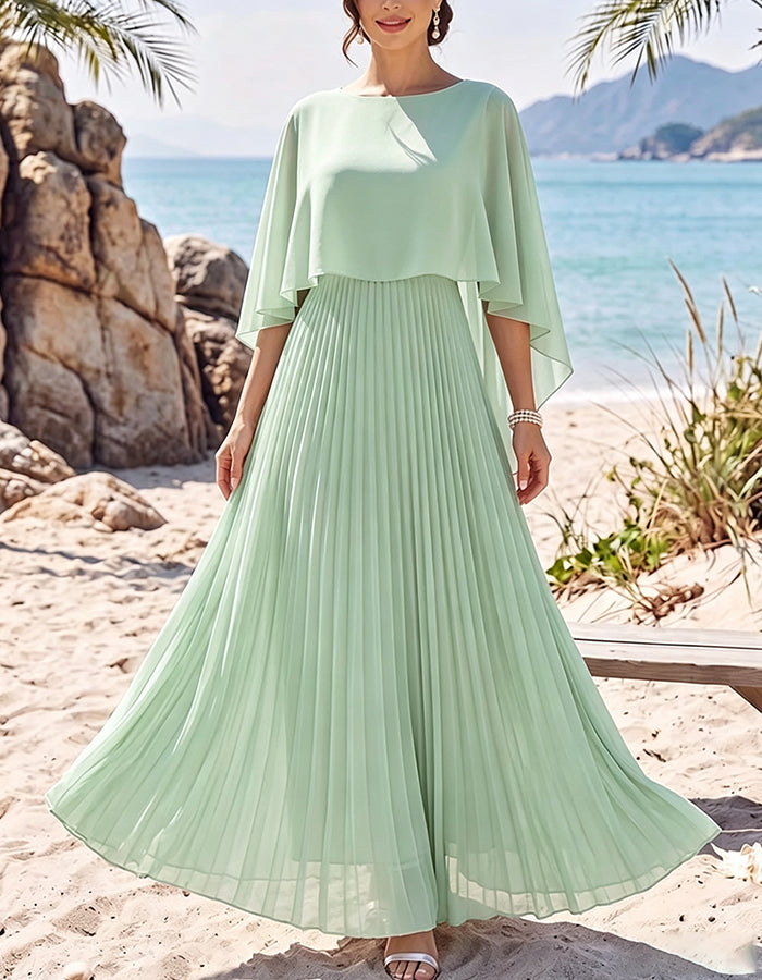Round Neck Cape Overlay Pleated Flowy Chiffon Maxi Dress