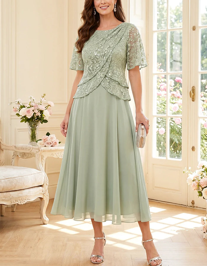 Round Neck Lace Sequin Chiffon Flowy Midi Dress