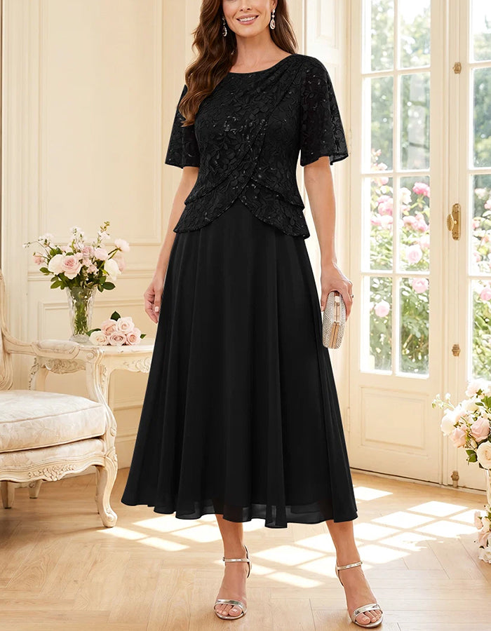 Round Neck Lace Sequin Chiffon Flowy Midi Dress