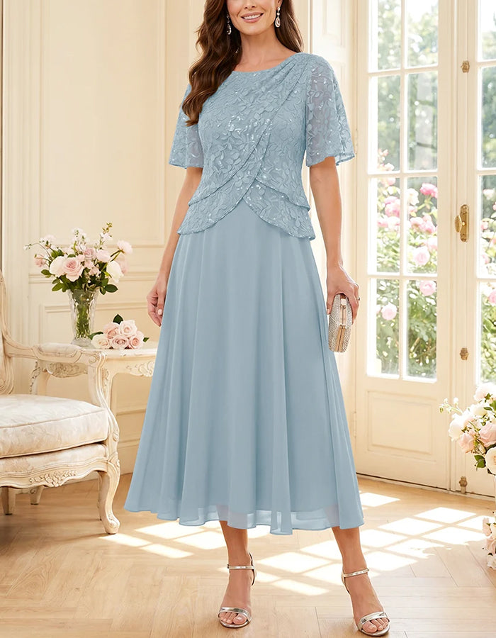 Round Neck Lace Sequin Chiffon Flowy Midi Dress