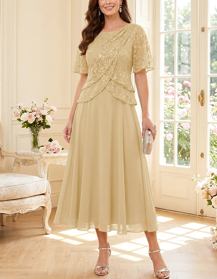 Round Neck Lace Sequin Chiffon Flowy Midi Dress