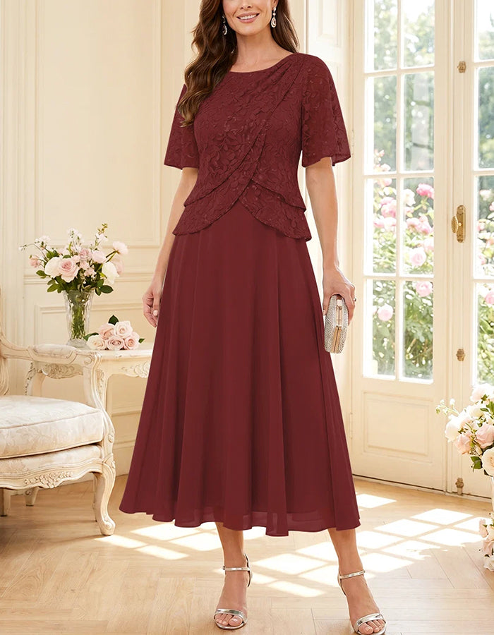 Round Neck Lace Sequin Chiffon Flowy Midi Dress