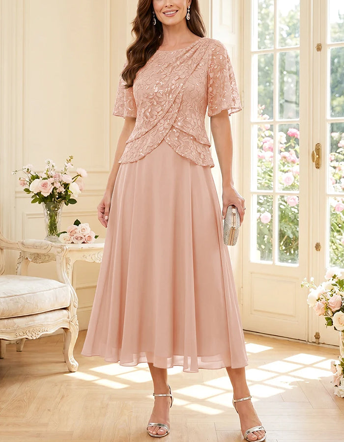 Round Neck Lace Sequin Chiffon Flowy Midi Dress