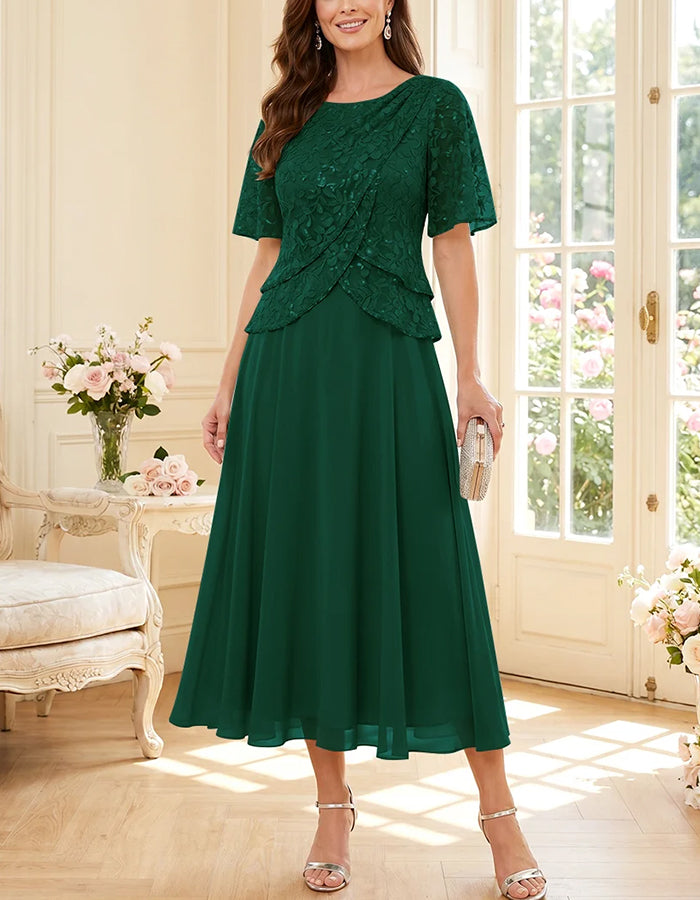 Round Neck Lace Sequin Chiffon Flowy Midi Dress