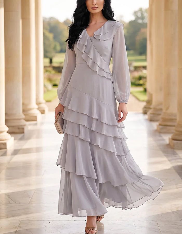 V-Neck Ruffle Long Sleeve Tiered Chiffon Maxi Dress