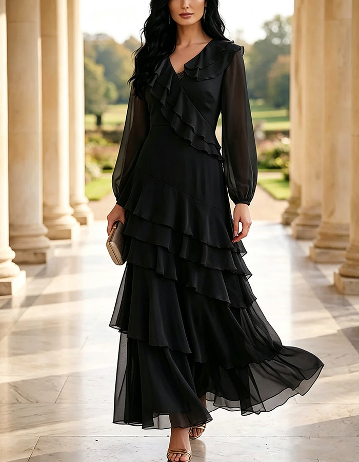 V-Neck Ruffle Long Sleeve Tiered Chiffon Maxi Dress