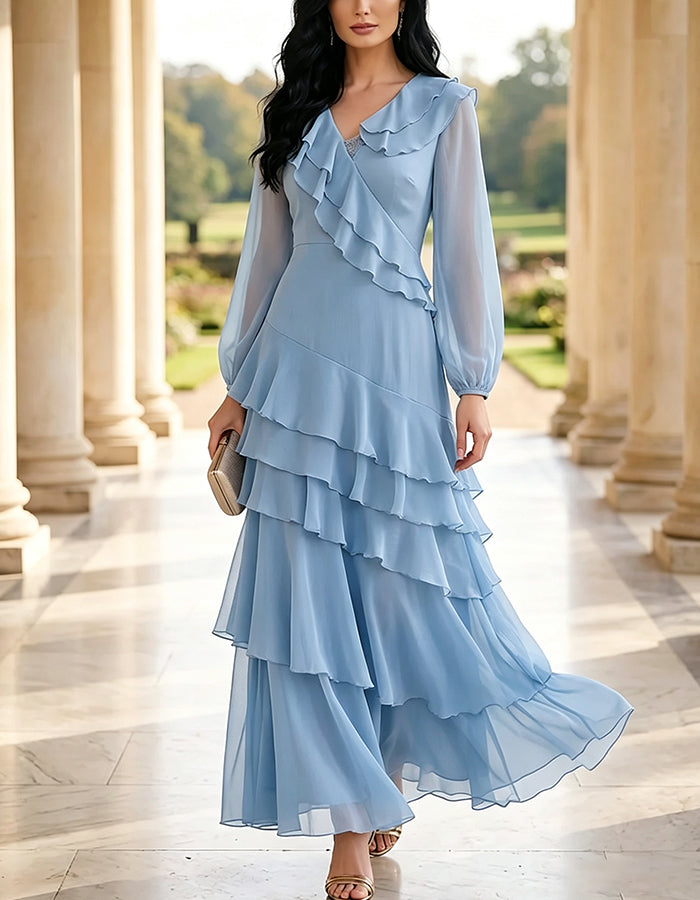 V-Neck Ruffle Long Sleeve Tiered Chiffon Maxi Dress