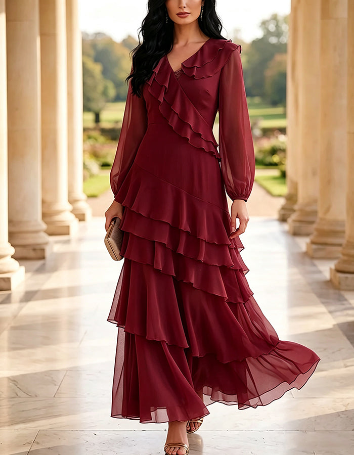 V-Neck Ruffle Long Sleeve Tiered Chiffon Maxi Dress