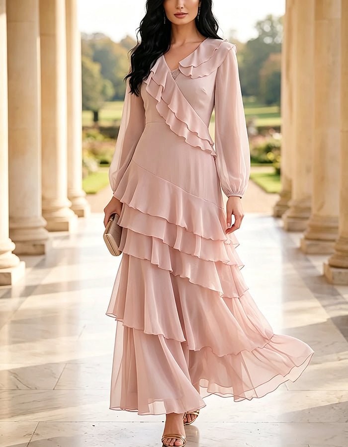 V-Neck Ruffle Long Sleeve Tiered Chiffon Maxi Dress