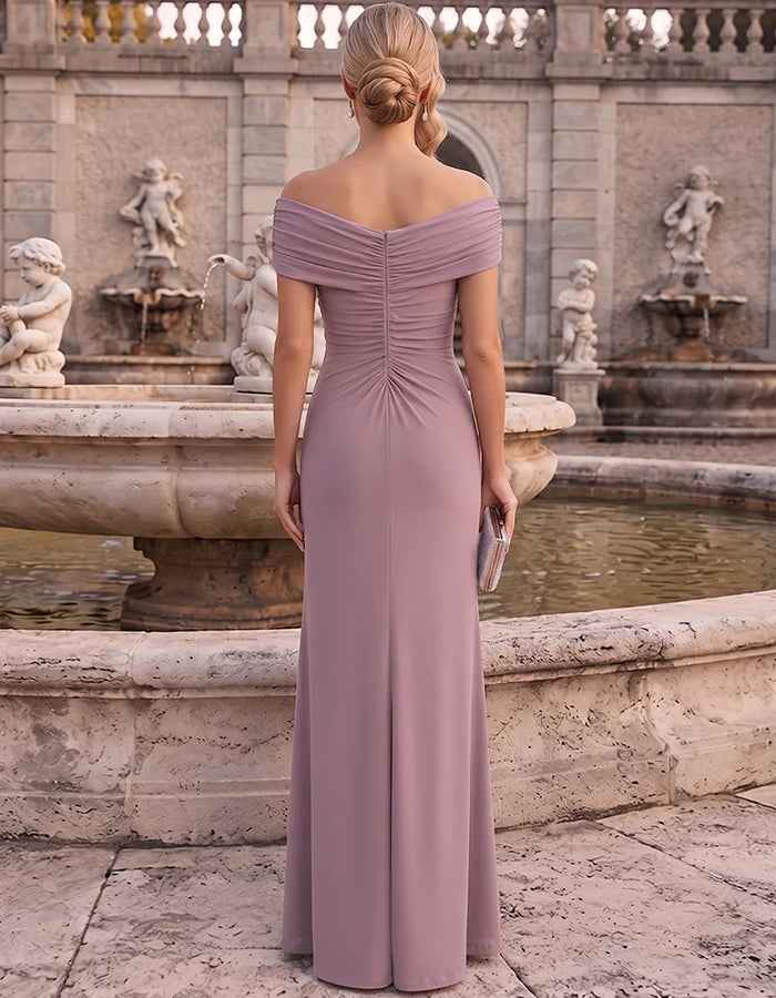 Dusty Pink Off Shoulder Ruched Chiffon Maxi Dress