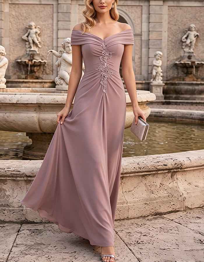 Dusty Pink Off Shoulder Ruched Chiffon Maxi Dress