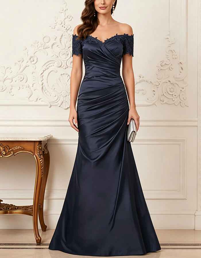 Navy Blue Off Shoulder Lace Satin Ruched Maxi Dress