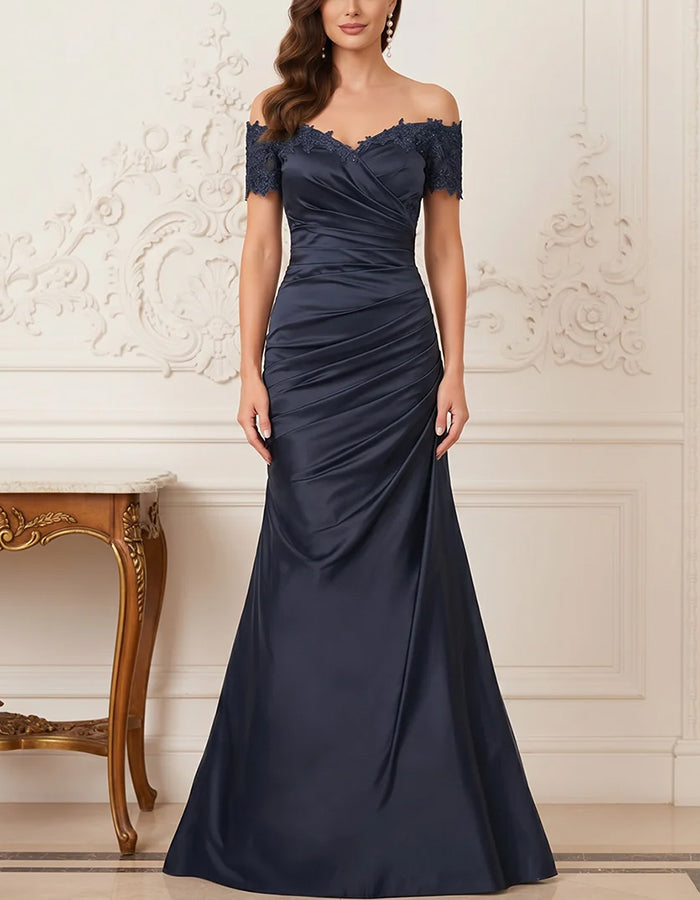 Navy Blue Off Shoulder Lace Satin Ruched Maxi Dress