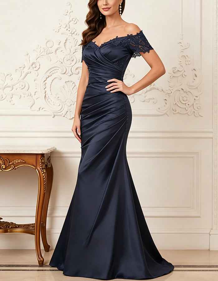 Navy Blue Off Shoulder Lace Satin Ruched Maxi Dress