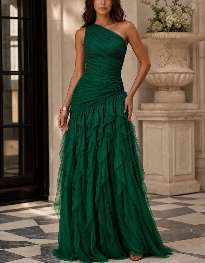 One Shoulder Ruched Asymmetrical Ruffle Tulle Maxi Dress
