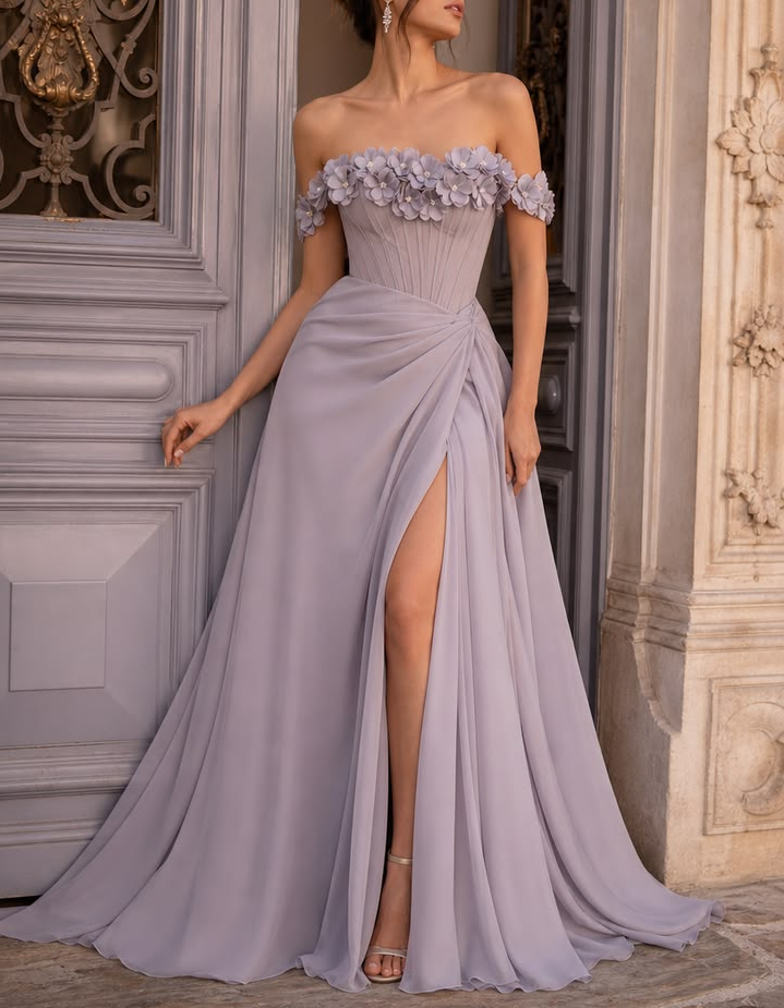 Avondjurk van chiffon met 3D-bloemen, A-lijn en blote schouders, maxi-lengte