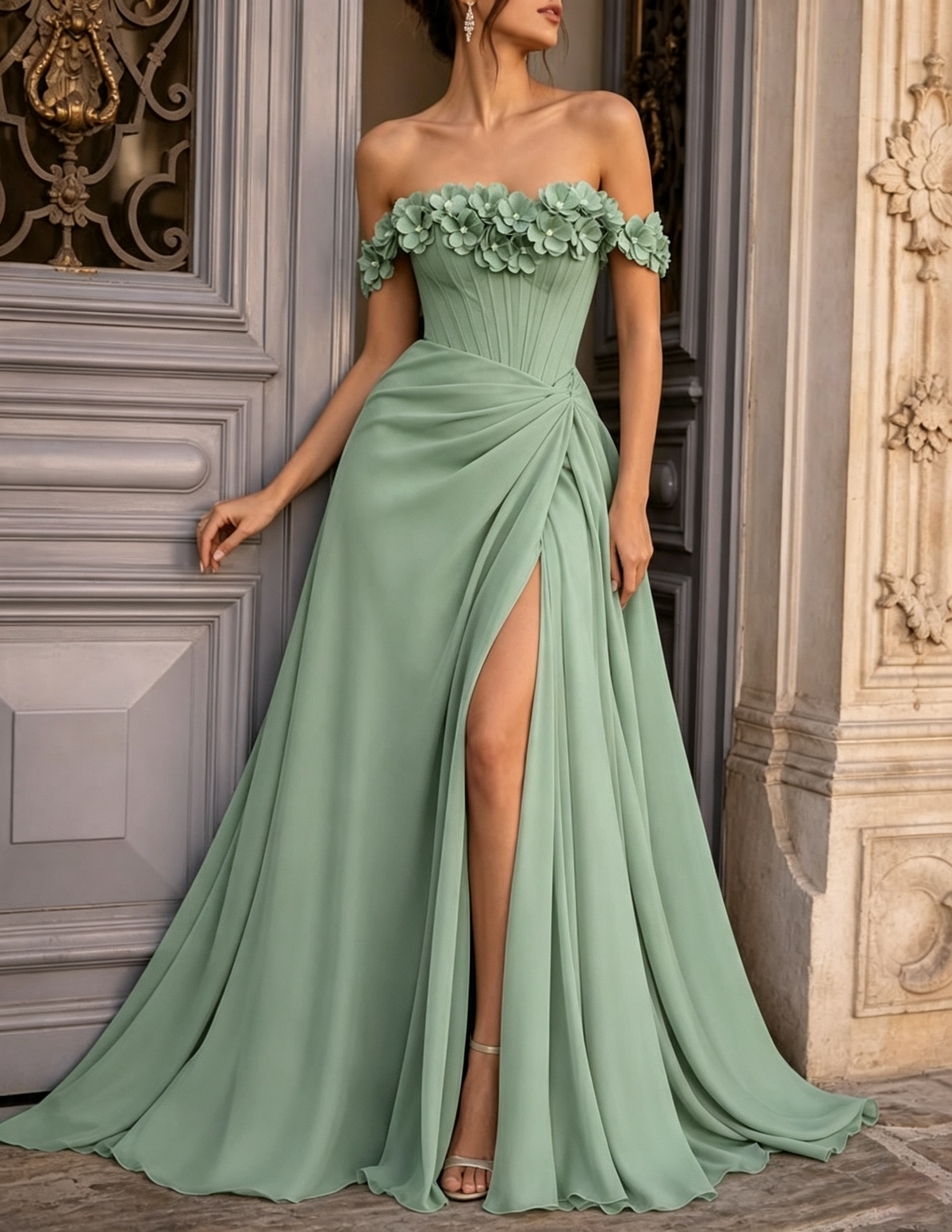 Vestido largo de noche evasé de gasa con estampado floral 3D y hombros descubiertos